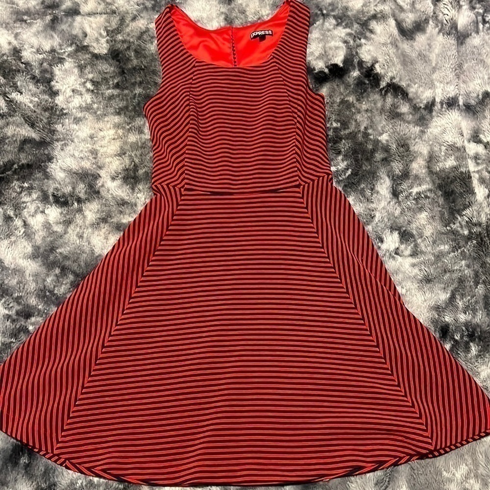 Express Striped Fit And Flare Dress Red‎ Blue XS